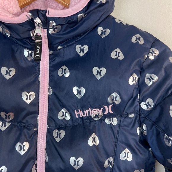 Hurley Puffer Jacket Girls S 8 10 Heart Navy Silver Fleece Lined Hooded Full Zip - Picture 3 of 14